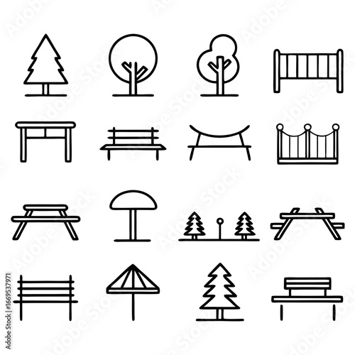 Park and garden elements icons set collection of tree, bench, fence and other outdoor furniture line icons for web design