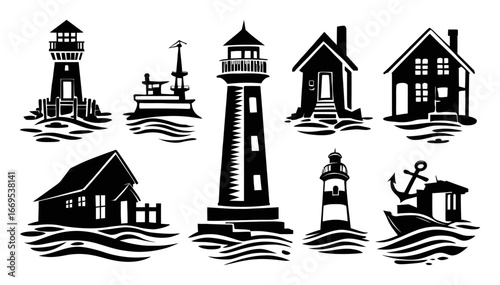 Nautical Icons Collection Featuring Lighthouses, Boats, and Homes