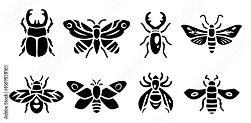 Black Silhouettes of Various Insects including Beetles and Moths