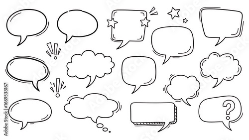 A collection of hand-drawn speech bubbles and thought balloons in various shapes and styles on a white background.