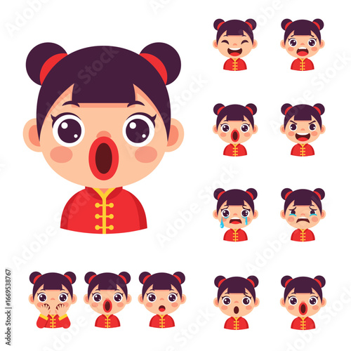 Vector set of a little Chinese girl cartoon with a surprised expression and emoticons for happy, sad, and angry. Perfect for apps, web, and creative projects.