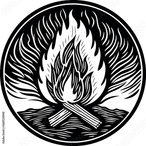 Fiery blaze burning wood logs within a circular emblem fire flames