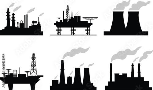 Industrial factories, oil rigs, power plants, smoke stacks, pollution, energy infrastructure, fossil fuel, silhouette icons, heavy industry, environmental impact