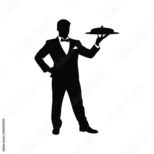 Elegant silhouette of a waiter serving food with style and gracefulness, a waiter holding food tray silhouette vector illustration