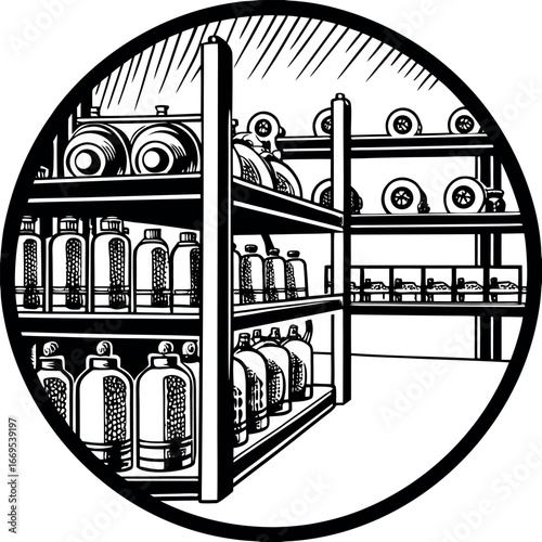 Steampunk deep sea diving equipment warehouse tanks