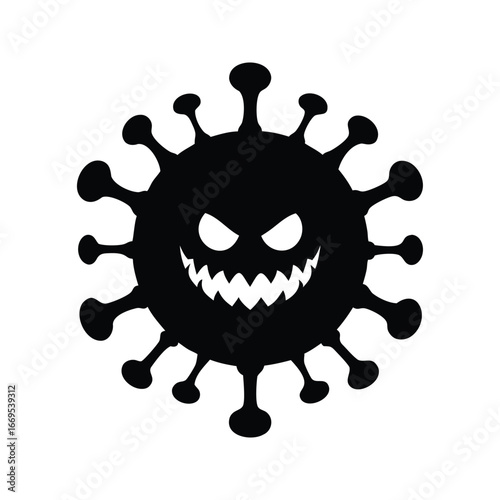 Evil black virus with spikes and menacing face on a white background, A virus with a terrible smile face silhouette vector illustration