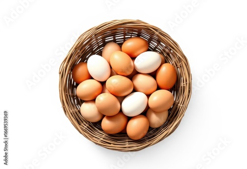 Wallpaper Mural A wicker basket brimming with a collection of brown and white eggs, viewed from directly overhead against a stark white background, casting a subtle shadow Torontodigital.ca