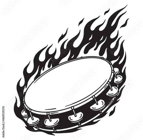 Burning tambourine illustration with flames in black and white design for music and passion