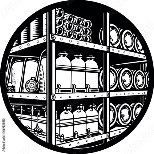 Steampunk deep sea diving equipment storage warehouse bottles