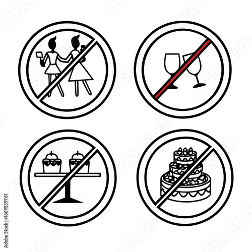 Prohibition symbols people drinks cakes no selfies no alcohol