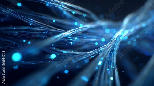 Abstract Blue Glowing Light Stream with Bokeh Effects in Dark Background