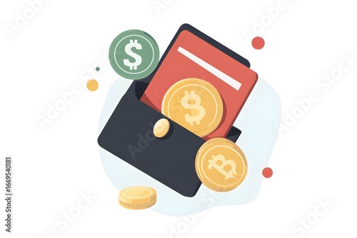 Wallet icon and coins, flat 2D style, space around open for message or price list