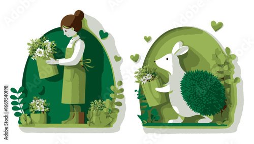 Charming Illustration of a Gardener and a Hedgehog in Greenery