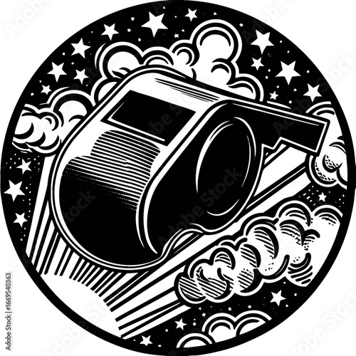 A black and white illustration of a referee whistle with stars and clouds sports game