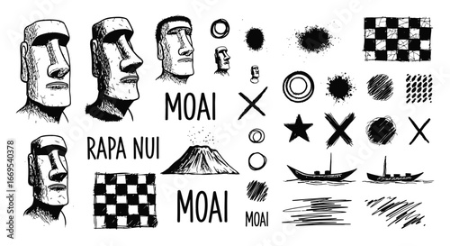 Moai statues vector set with Easter Island.