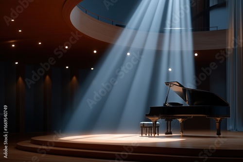 Grand piano on stage under dramatic spotlight in empty concert hall