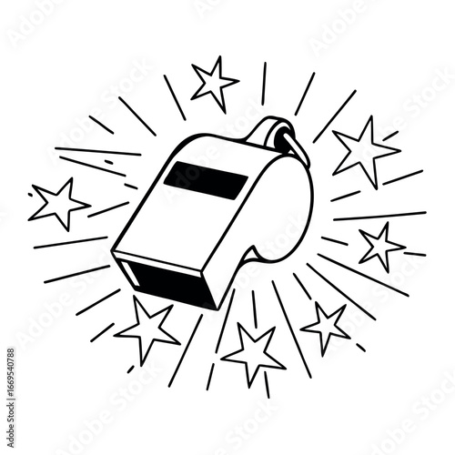 A black and white illustration of a referee whistle with stars and lines sports game