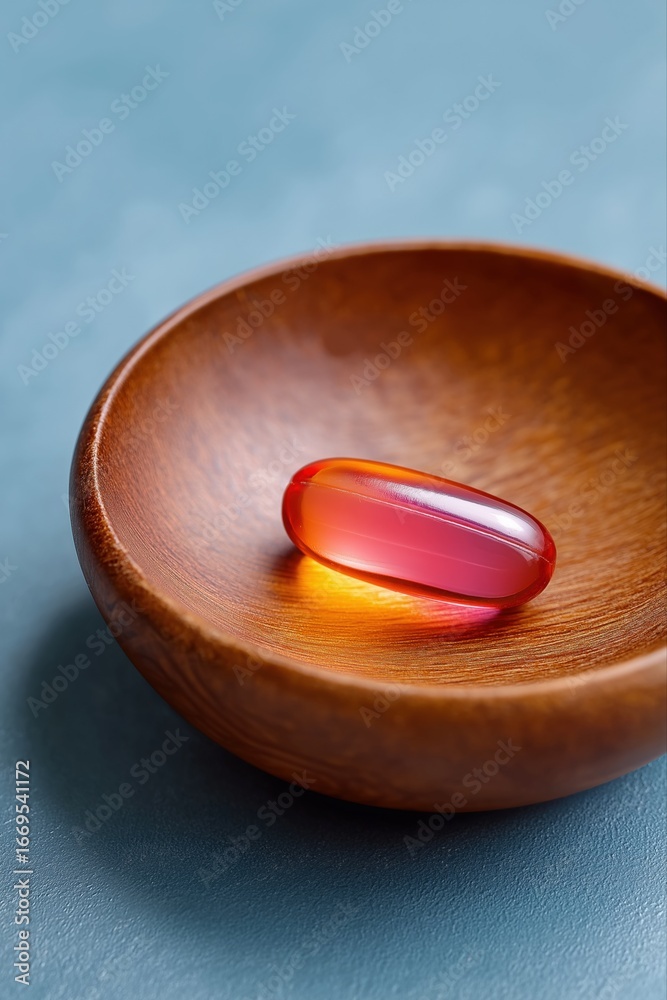Single red capsule in wooden bowl on blue surface Single red capsule in wooden bowl on blue surface