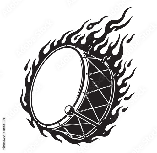 Fiery drum silhouette in black and white illustrating a passionate musical performance concept