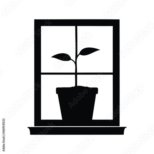 Black silhouette of a potted plant in a window, simple design, seedling on pot silhouette vector illustration