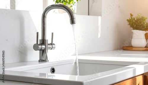 Modern Kitchen Sink with Flowing Water and Sunlight