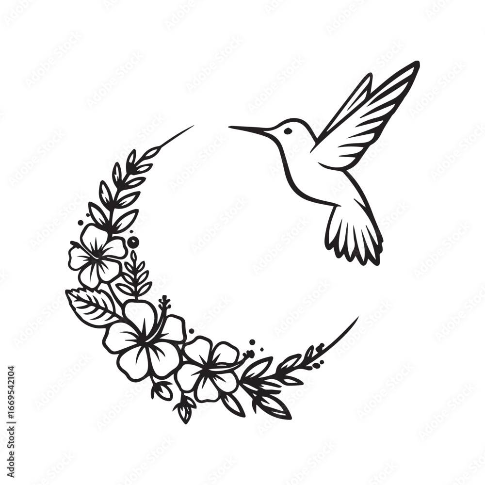 Fototapeta premium Minimalist hummingbird and floral wreath line art icon, elegant botanical frame logo design. 