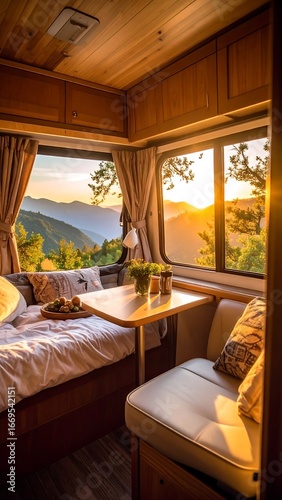 Sunset view from a campervan's interior, showing a bed, table, and seating area