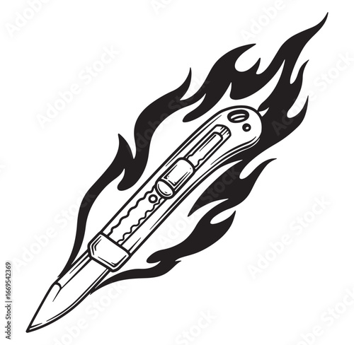 Illustration of a black and white utility knife engulfed in stylised flames vector art