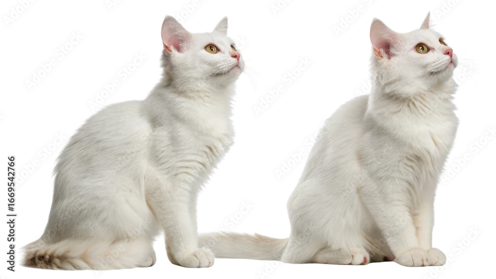 Fototapeta premium American shorthair cat white feline looking up with alert expression and soft fur in studio lighting