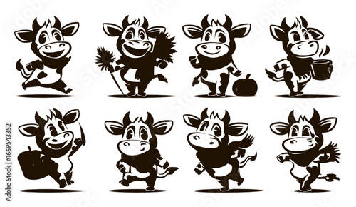 Playful Cartoon Cows Collection in Various Fun Poses and Activities