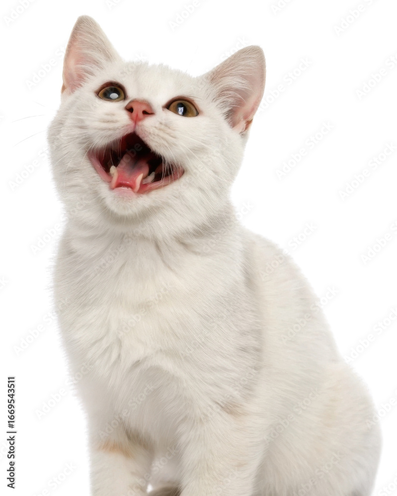 Fototapeta premium Playful american shorthair cat with open mouth and bright eyes looking upward joyful expression