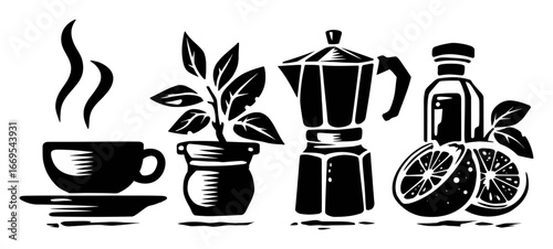 Black and White Illustration of Coffee Cup, Plant, and Citrus Fruits