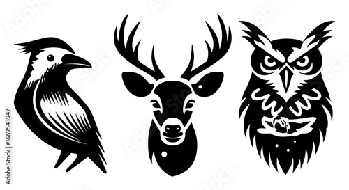 Black and White Illustrations of Bird, Deer, and Owl for Creative Projects