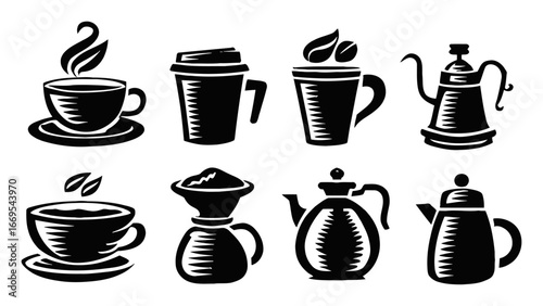 Collection of Coffee Icons Featuring Cups, Teapots, and Accessories