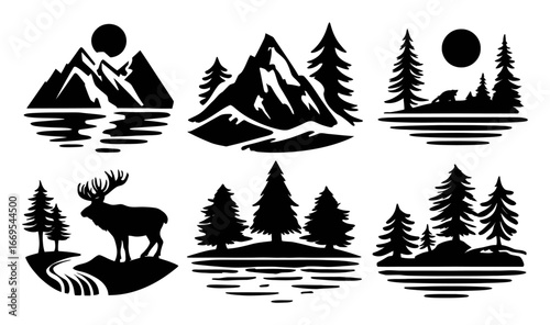 Black Silhouette Nature Scenes with Mountains, Trees, and Wildlife Designs