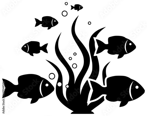 Fish swimming in sea and jumping out of water with other fish hiding behind coral