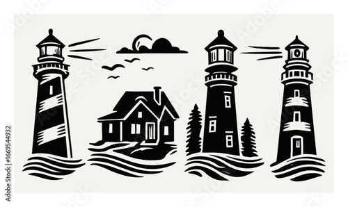 Three Vintage Lighthouses with House and Waves in Black and White Design