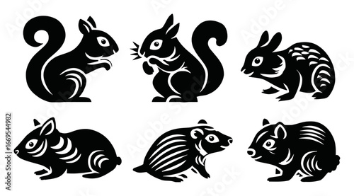 Black and White Stylized Animal Illustrations of Squirrel and Rabbit