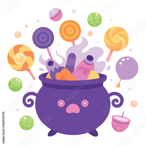 t-shirt vector art of halloween cauldron overflowing with colorful lollipops and candy