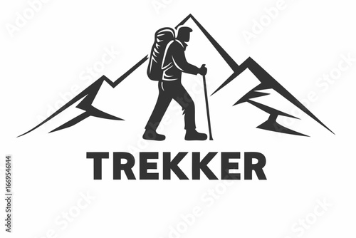 Silhouette Trekkers with Backpacks Mountain Peaks on White Background