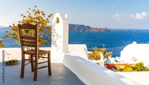 A wooden chair on a white balcony overlooking a breathtaking blue ocean view, bathed in sunlight.