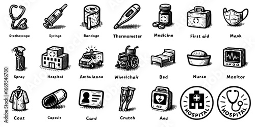 病院と医療アイテムのアイコンセット、Hand Drawn Medical Pictogram Collection