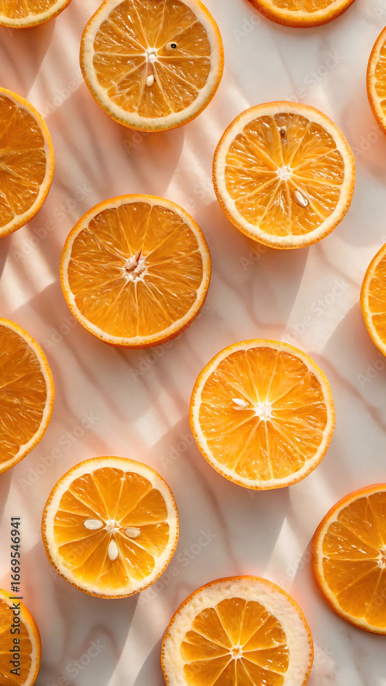 Obraz premium “Orange Halves Arranged on Marble Surface – Fresh Citrus Flat Lay for Food and Wellness”