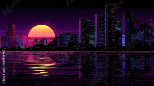 Pixelated skyline at sunset