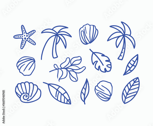 Set of tropical beach Outline elements with palm tree, shells and corals on white background