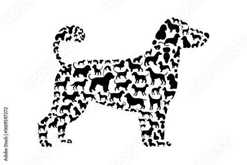 Silhouette of a dog filled with smaller dog silhouettes, , creating a unique and eyecatching design for animal lovers