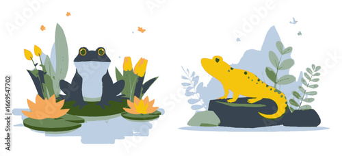 Colorful Cartoon Frogs and Salamanders in a Flat Nature Background