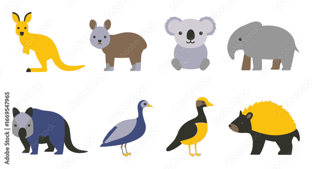 Obraz premium Colorful Cartoon Animals Featuring Kangaroo, Koala, and Elephant