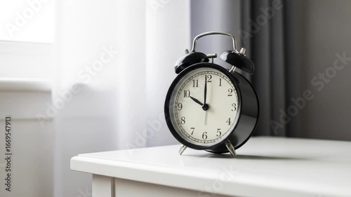 A black twin bell alarm clock rests on a white nightstand with sheer curtains and heavier drapes in the background