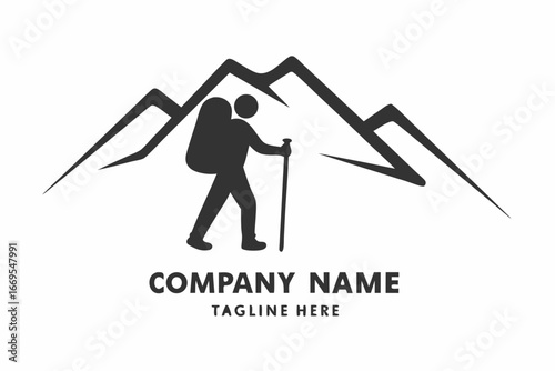 Silhouette hiker with trekking pole before stylized mountains indicates outdoor adventure
